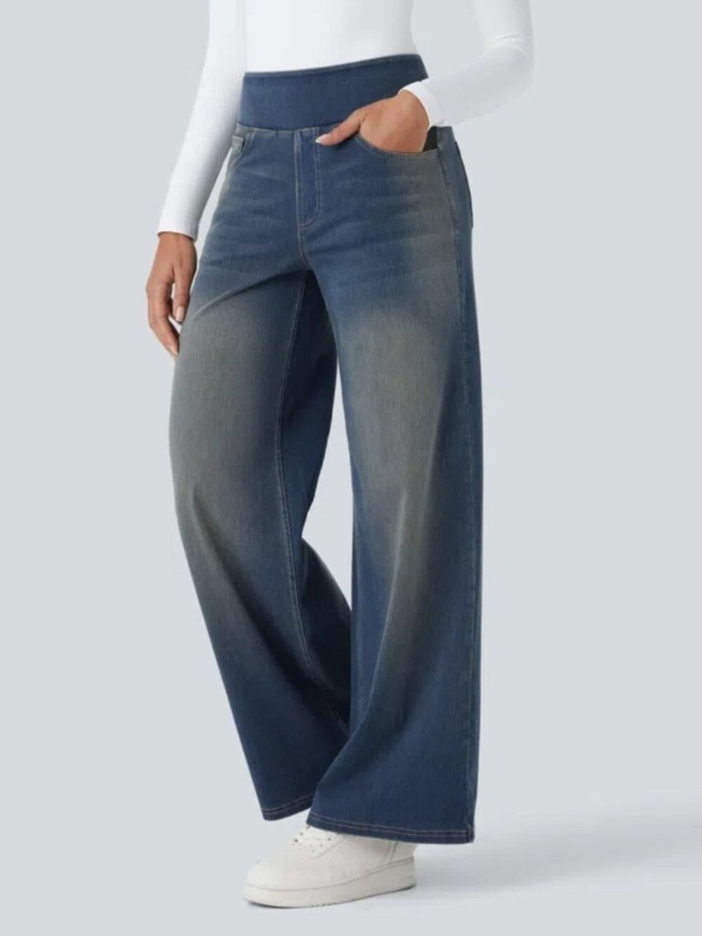 NWT Halara Large Flex High Waisted Pull On Baggy Wide Leg Jeans Cement Blue 007
